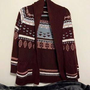 Maroon Cardigan - White, Blue, Pink Accents